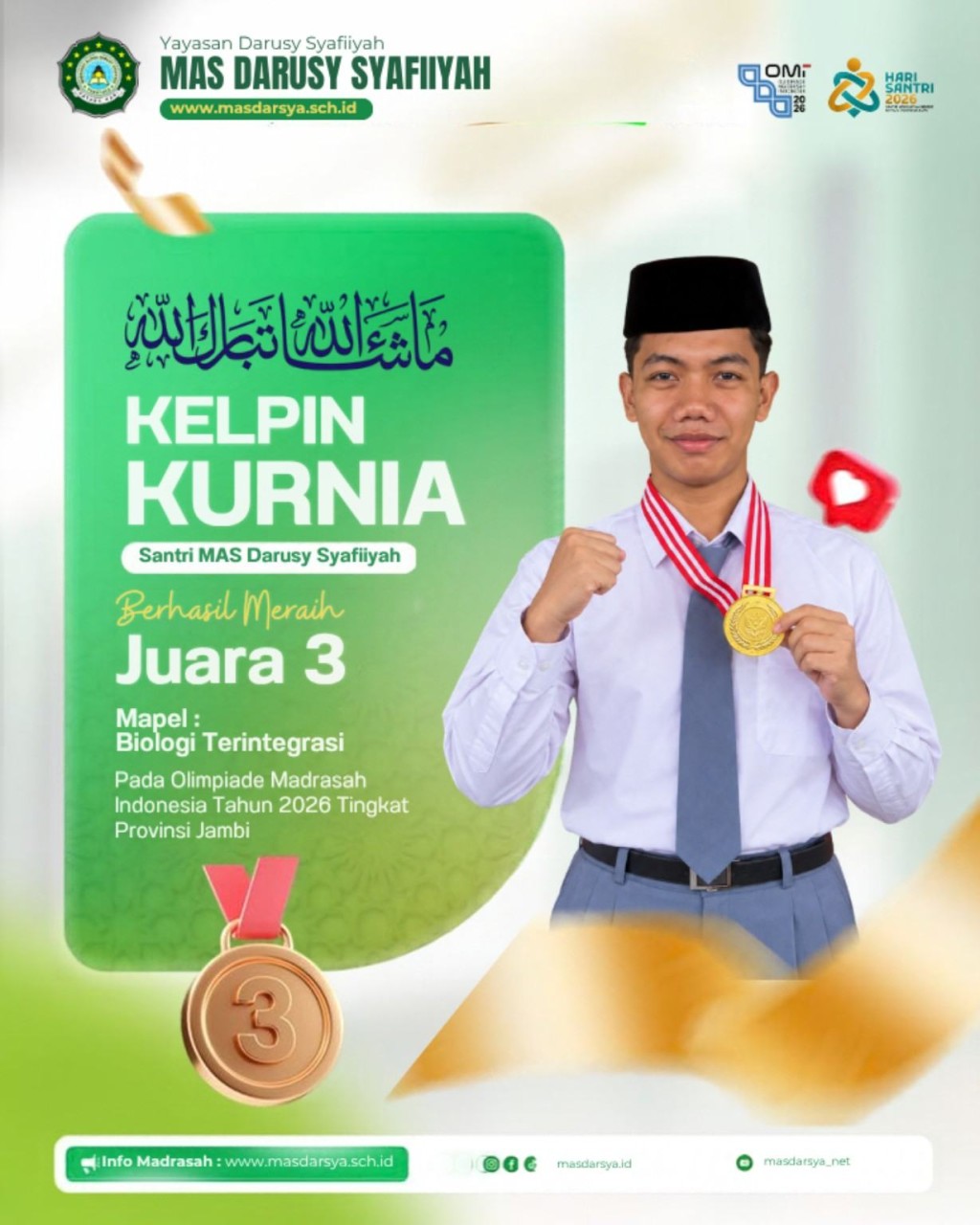 Kelpin Kurnia Raih Juara III OMI Tingkat Provinsi Bidang Biologi Terintegrasi
